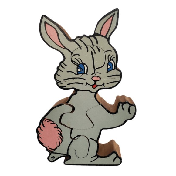 Bunny Rabbit Wooden Puzzle Toddler Chunky Jigsaw Signed Kermit & Diane Pope Vtg - Picture 1 of 12